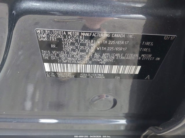 45001203 :رقم المزاد ، 2T3WFREV9JW434836 vin ، 2018 Toyota Rav4 Xle مزاد بيع