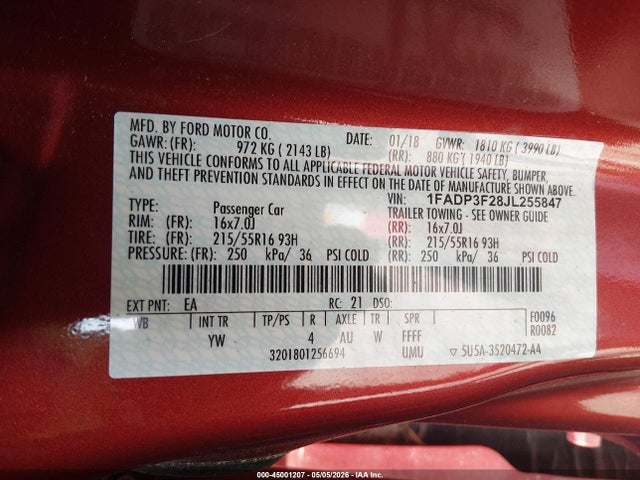 Продаж на аукціоні авто 2018 Ford Focus Se, vin: 1FADP3F28JL255847, номер лоту: 45001207