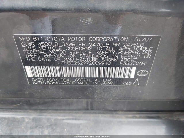 Aukcja sprzedaży 2007 Lexus Is 350, vin: JTHBE262972009940, numer aukcji: 45001209