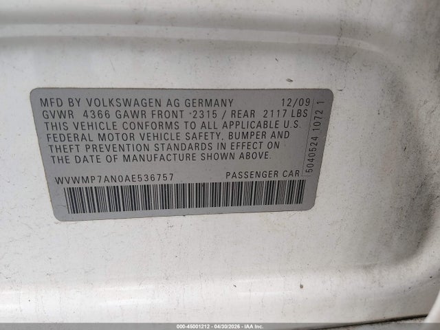 Продаж на аукціоні авто 2010 Volkswagen Cc Sport, vin: WVWMP7AN0AE536757, номер лоту: 45001212
