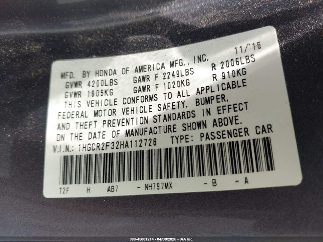 45001214 :رقم المزاد ، 1HGCR2F32HA112726 vin ، 2017 Honda Accord Lx مزاد بيع