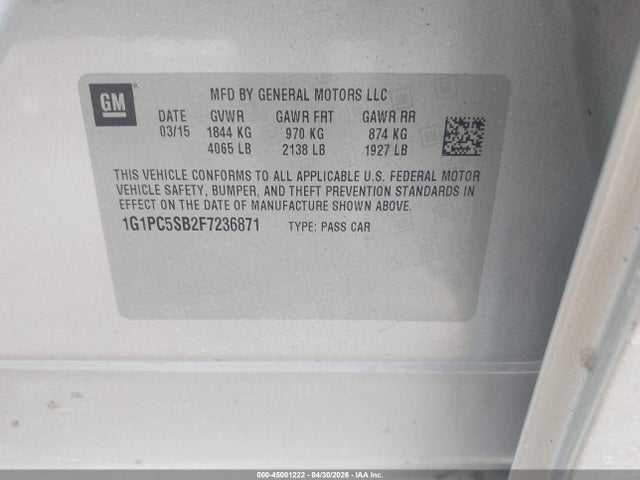 Продаж на аукціоні авто 2015 Chevrolet Cruze 1lt Auto, vin: 1G1PC5SB2F7236871, номер лоту: 45001222