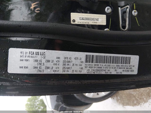 2016 Jeep Compass Sport მანქანა იყიდება აუქციონზე, vin: 1C4NJDBB0GD657442, აუქციონის ნომერი: 45001226