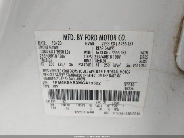 45001231 :رقم المزاد ، 1FM5K8AB3MGA19522 vin ، 2021 Ford Police Interceptor Utility مزاد بيع