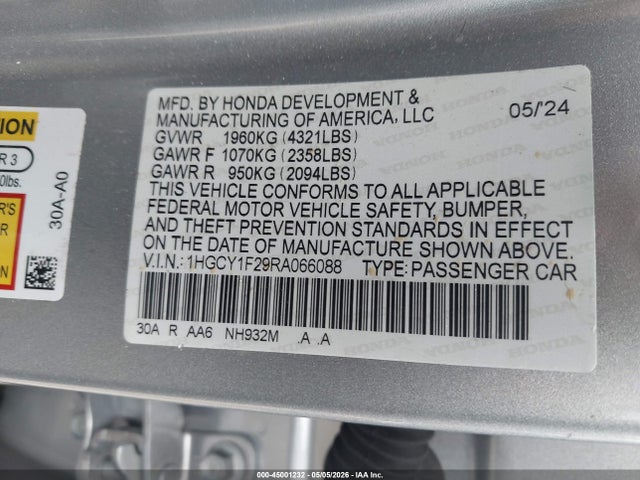 Продаж на аукціоні авто 2024 Honda Accord Lx, vin: 1HGCY1F29RA066088, номер лоту: 45001232