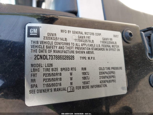 Aukcja sprzedaży 2008 Chevrolet Equinox Sport, vin: 2CNDL737886028928, numer aukcji: 45001239