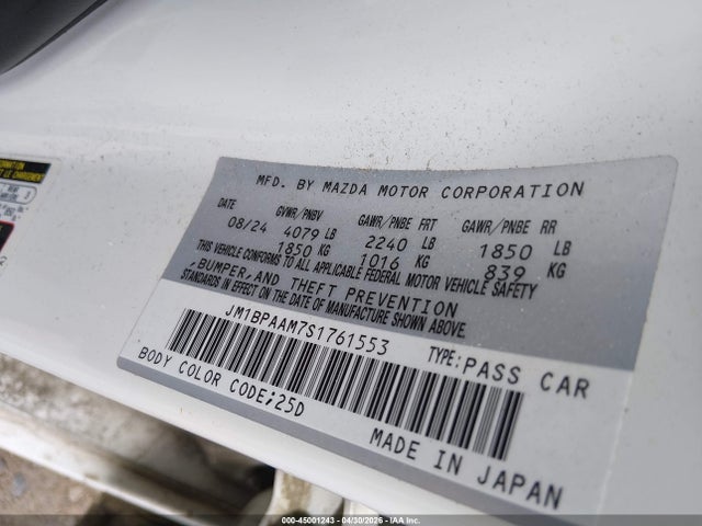Продажа на аукционе авто 2025 Mazda Mazda3 2.5 S, vin: JM1BPAAM7S1761553, номер лота: 45001243