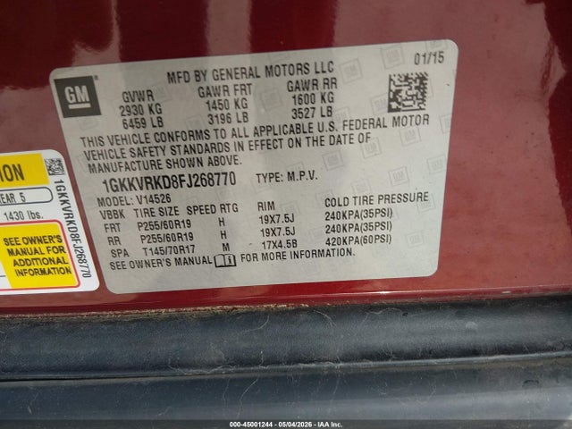 45001244 :رقم المزاد ، 1GKKVRKD8FJ268770 vin ، 2015 Gmc Acadia Slt-1 مزاد بيع
