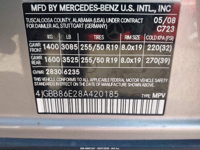 2008 Mercedes-benz Ml 350 4matic მანქანა იყიდება აუქციონზე, vin: 4JGBB86E28A420185, აუქციონის ნომერი: 45001247