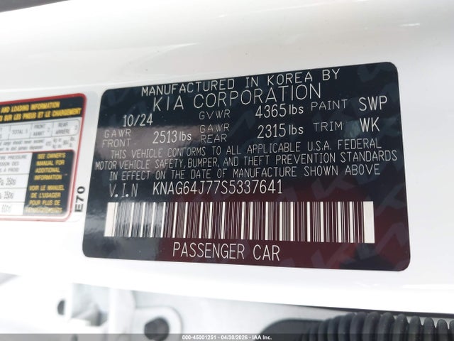 45001251 :رقم المزاد ، KNAG64J77S5337641 vin ، 2025 Kia K5 Gt-line مزاد بيع