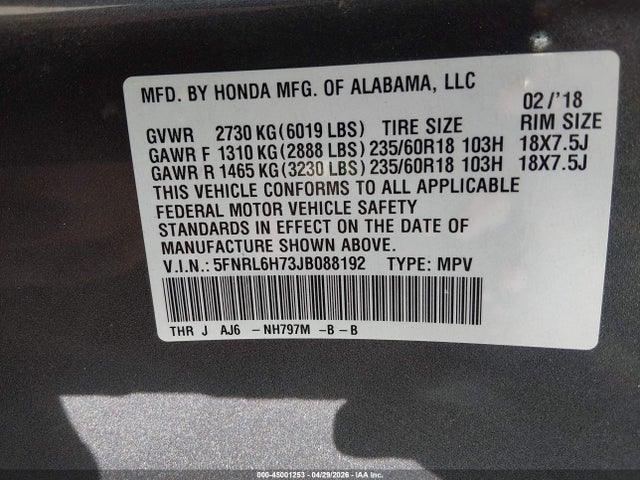 Продажа на аукционе авто 2018 Honda Odyssey Ex-l, vin: 5FNRL6H73JB088192, номер лота: 45001253
