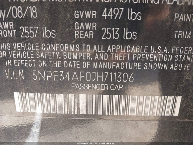 2018 Hyundai Sonata Sel+ მანქანა იყიდება აუქციონზე, vin: 5NPE34AF0JH711306, აუქციონის ნომერი: 45001255