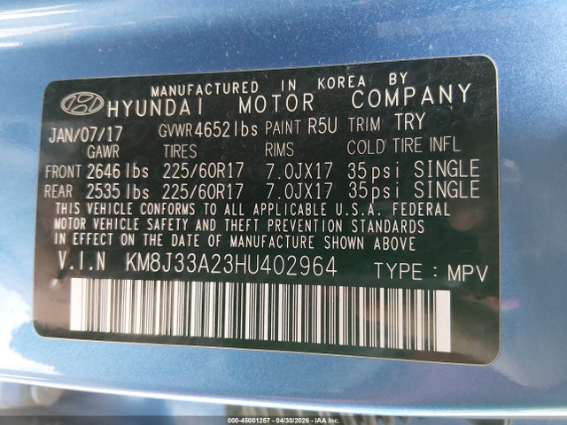 Продажа на аукционе авто 2017 Hyundai Tucson Eco, vin: KM8J33A23HU402964, номер лота: 45001257