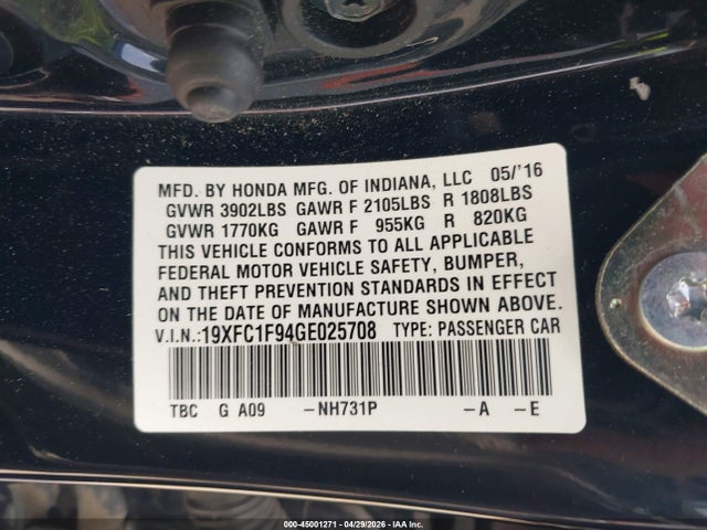 Aukcja sprzedaży 2016 Honda Civic Touring, vin: 19XFC1F94GE025708, numer aukcji: 45001271