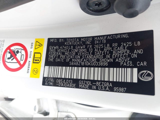 Продаж на аукціоні авто 2019 Lexus Es 350, vin: 58ABZ1B10KU033896, номер лоту: 45001281