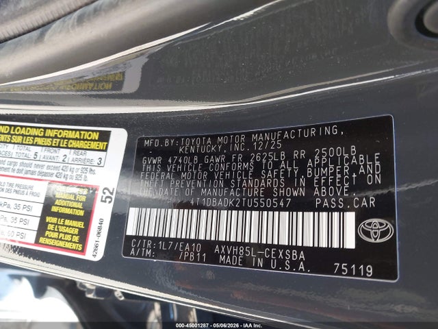 2026 Toyota Camry Se მანქანა იყიდება აუქციონზე, vin: 4T1DBADK2TU550547, აუქციონის ნომერი: 45001287