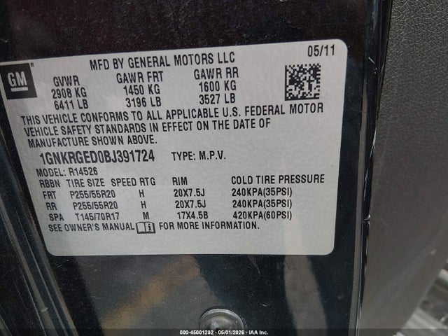 Продаж на аукціоні авто 2011 Chevrolet Traverse 1lt, vin: 1GNKRGED0BJ391724, номер лоту: 45001292