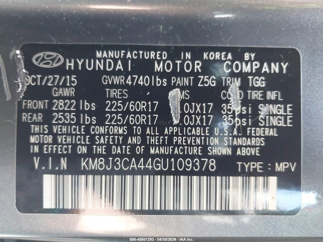 Auction sale of the 2016 Hyundai Tucson Se, vin: KM8J3CA44GU109378, lot number: 45001293