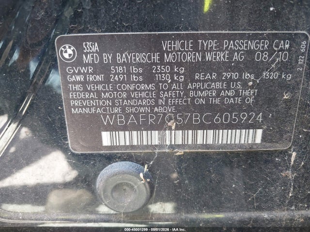 Aukcja sprzedaży 2011 Bmw 535i, vin: WBAFR7C57BC605924, numer aukcji: 45001299