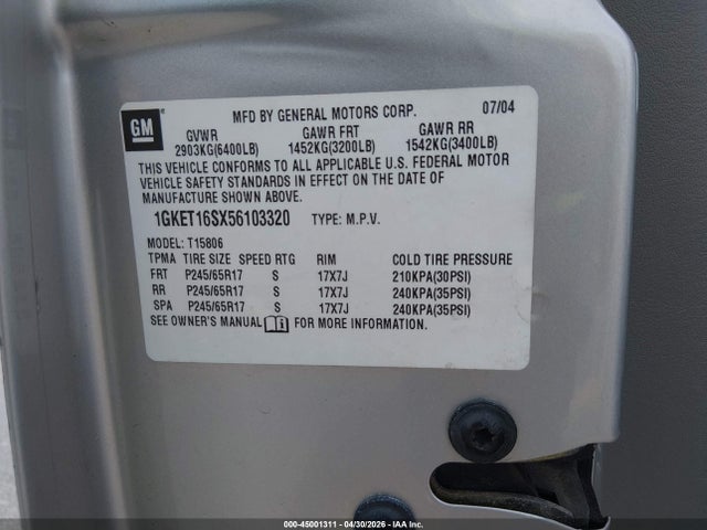 Продажа на аукционе авто 2005 Gmc Envoy Xl Sle, vin: 1GKET16SX56103320, номер лота: 45001311