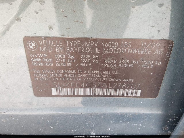 Aukcja sprzedaży 2010 Bmw X5 Xdrive30i, vin: 5UXFE4C53AL278707, numer aukcji: 45001313