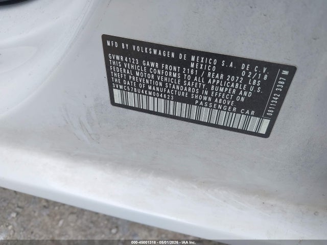 Aukcja sprzedaży 2019 Volkswagen Jetta 1.4t R-line/1.4t S/1.4t Se, vin: 3VWC57BU4KM004623, numer aukcji: 45001318