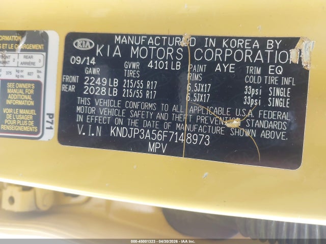 45001323 :رقم المزاد ، KNDJP3A56F7148973 vin ، 2015 Kia Soul + مزاد بيع