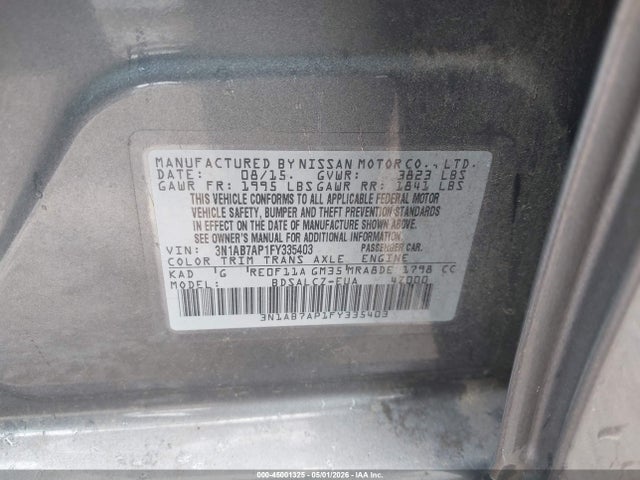 2015 Nissan Sentra S მანქანა იყიდება აუქციონზე, vin: 3N1AB7AP1FY335403, აუქციონის ნომერი: 45001325