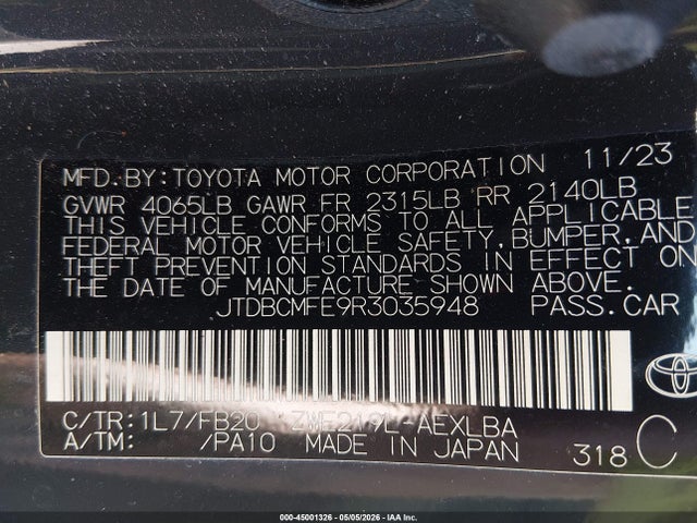 Aukcja sprzedaży 2024 Toyota Corolla Hybrid Le, vin: JTDBCMFE9R3035948, numer aukcji: 45001326