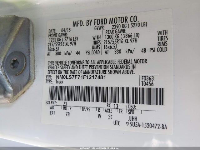 Auction sale of the 2015 Ford Transit Connect Xlt, vin: NM0LS7F71F1217481, lot number: 45001328