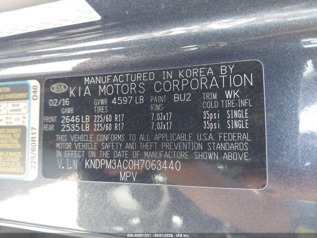 2017 Kia Sportage Lx მანქანა იყიდება აუქციონზე, vin: KNDPM3AC0H7063440, აუქციონის ნომერი: 45001331