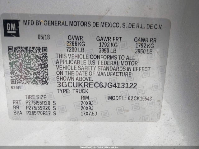 45001333 :رقم المزاد ، 3GCUKREC6JG413122 vin ، 2018 Chevrolet Silverado 1500 2lt مزاد بيع