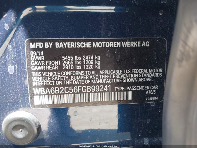 Продажа на аукционе авто 2015 Bmw 650i Gran Coupe, vin: WBA6B2C56FGB99241, номер лота: 45001339