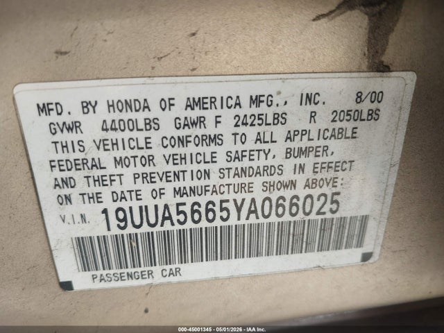 45001345 :رقم المزاد ، 19UUA5665YA066025 vin ، 2000 Acura Tl 3.2 مزاد بيع