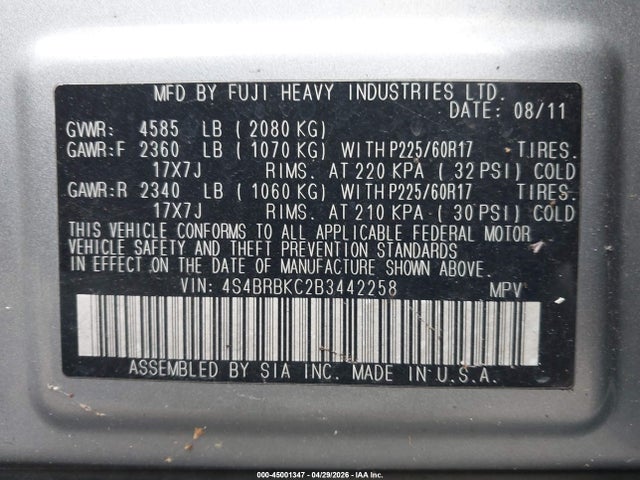 Auction sale of the 2011 Subaru Outback 2.5i Limited, vin: 4S4BRBKC2B3442258, lot number: 45001347