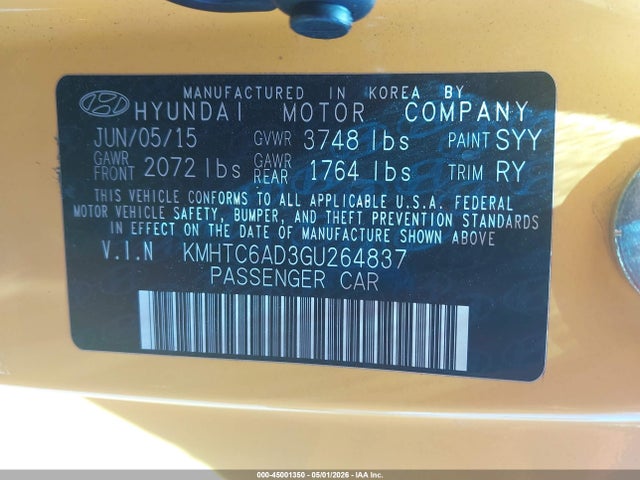 Продаж на аукціоні авто 2016 Hyundai Veloster, vin: KMHTC6AD3GU264837, номер лоту: 45001350
