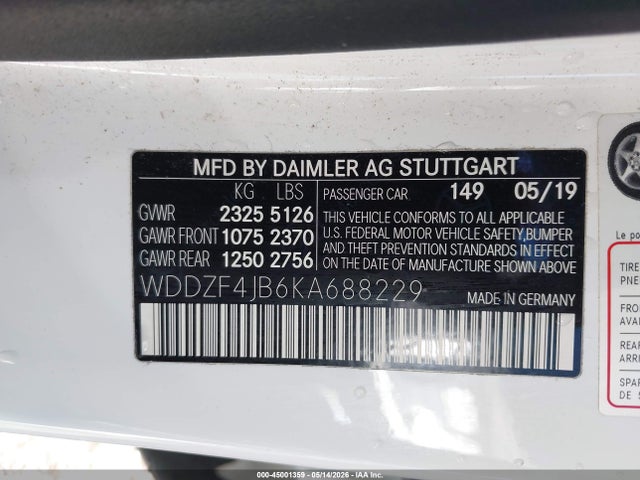 45001359 :رقم المزاد ، WDDZF4JB6KA688229 vin ، 2019 Mercedes-benz E 300 مزاد بيع
