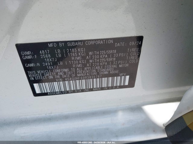 Aukcja sprzedaży 2024 Subaru Crosstrek Sport, vin: 4S4GUHF60R3830787, numer aukcji: 45001360