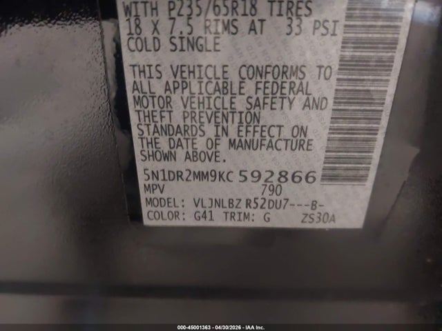 Продажа на аукционе авто 2019 Nissan Pathfinder S, vin: 5N1DR2MM9KC592866, номер лота: 45001363