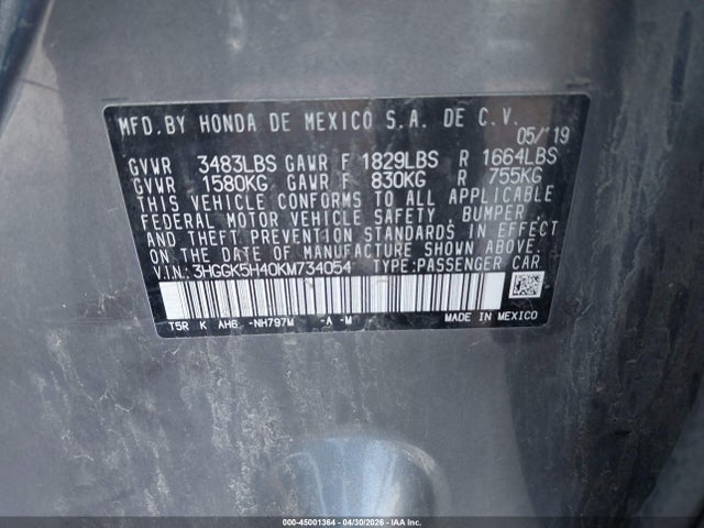 3HGGK5H40KM734054 Honda FIT LX
