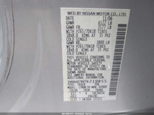 Aukcja sprzedaży 2007 Nissan Titan Se, vin: 1N6BA07B07N219855, numer aukcji: 45001374