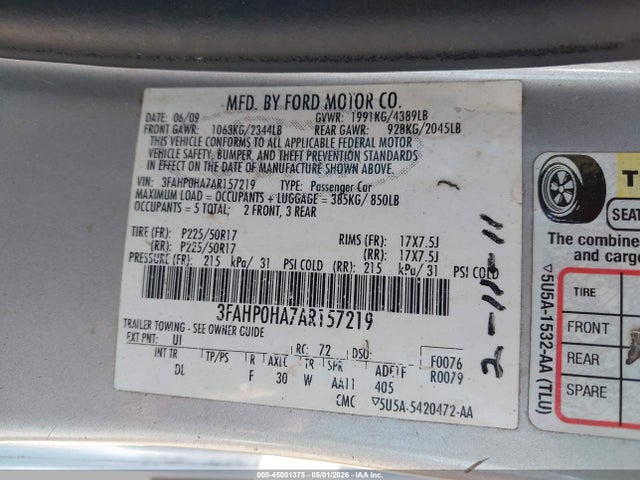 45001375 :رقم المزاد ، 3FAHP0HA7AR157219 vin ، 2010 Ford Fusion Se مزاد بيع
