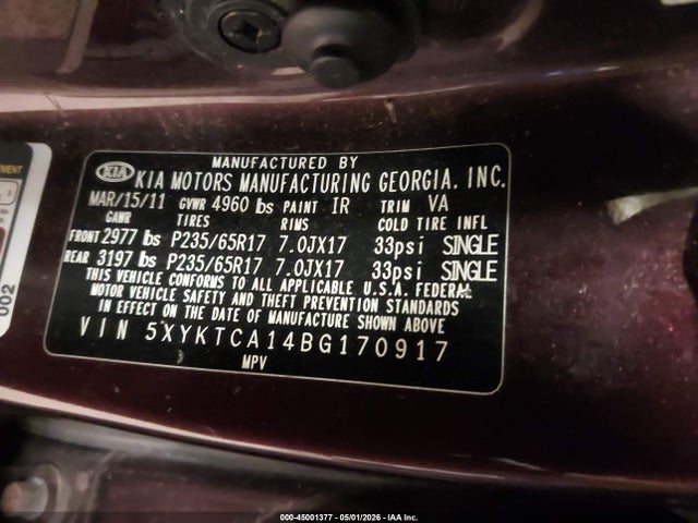 Aukcja sprzedaży 2011 Kia Sorento Lx, vin: 5XYKTCA14BG170917, numer aukcji: 45001377