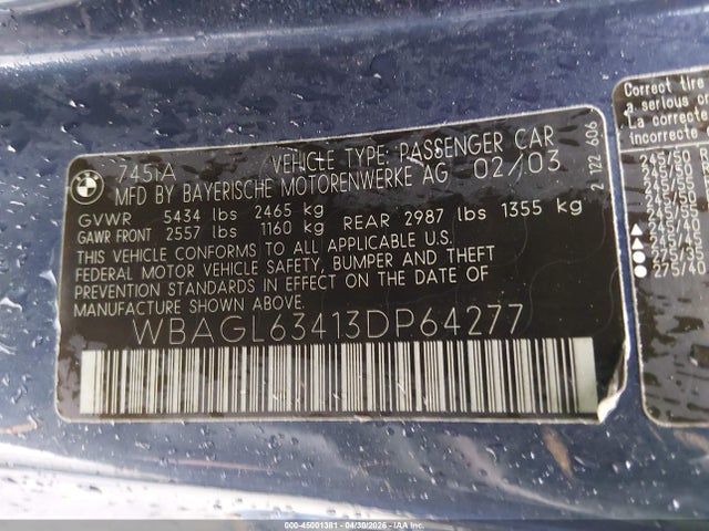 Продажа на аукционе авто 2003 Bmw 745i, vin: WBAGL63413DP64277, номер лота: 45001381