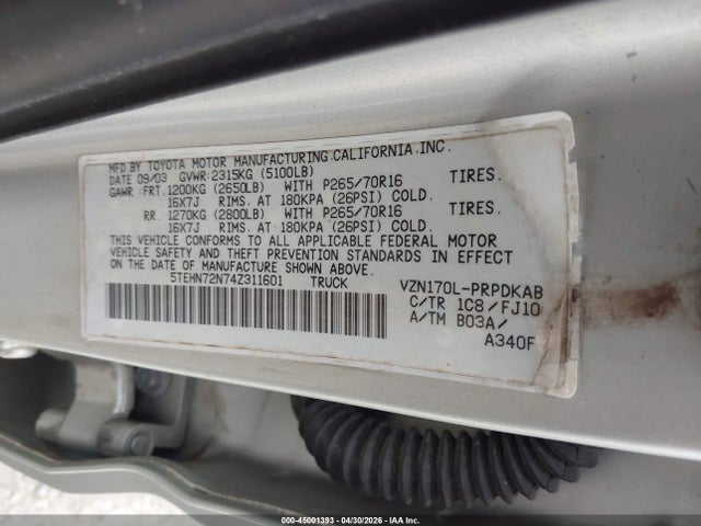 Aukcja sprzedaży 2004 Toyota Tacoma Base V6, vin: 5TEHN72N74Z311601, numer aukcji: 45001393