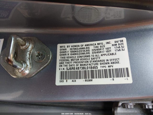 2008 Honda Cr-v Ex-l მანქანა იყიდება აუქციონზე, vin: 5J6RE48738L018465, აუქციონის ნომერი: 45001399