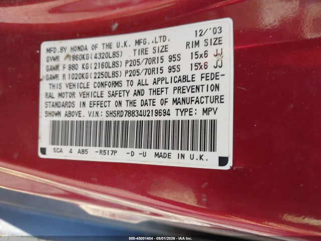 Aukcja sprzedaży 2004 Honda Cr-v Ex, vin: SHSRD78834U219694, numer aukcji: 45001404