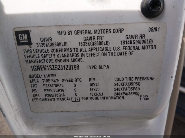 Aukcja sprzedaży 2002 Chevrolet Tahoe Lt, vin: 1GNEK13Z52J120798, numer aukcji: 45001405