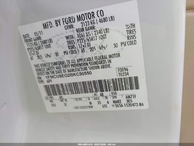 Aukcja sprzedaży 2011 Ford Escape Limited, vin: 1FMCU9EG2BKC50550, numer aukcji: 45001415