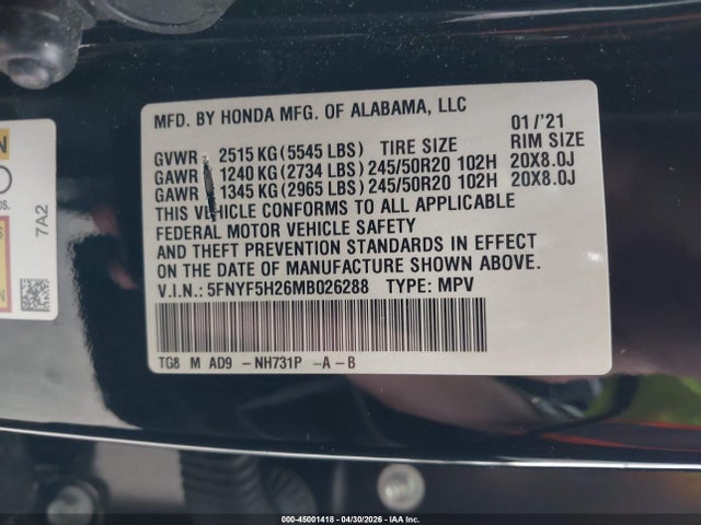 Aukcja sprzedaży 2021 Honda Pilot 2wd Special Edition, vin: 5FNYF5H26MB026288, numer aukcji: 45001418